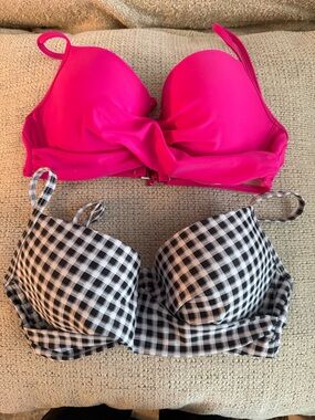Hot Pink Bikini Top + Black & White Gingham Bikini Top Duo